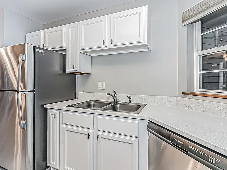 Kitchen sink, dishwasher, and stainless steel refrigerator