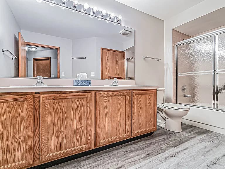 Full bathroom with dual sinks, wood vanity, and tub-shower combination