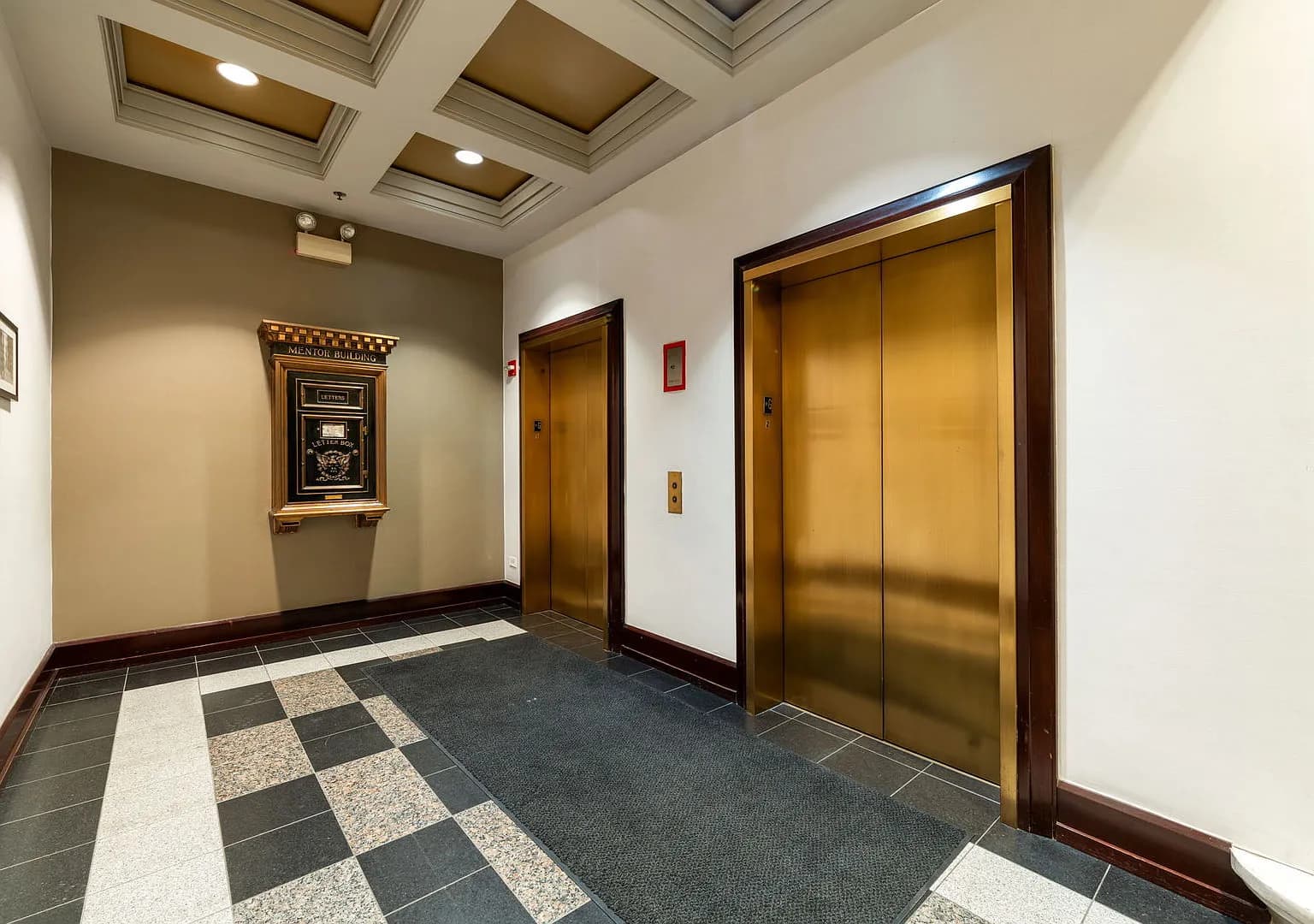 Elevator lobby inside the historic Mentor Building